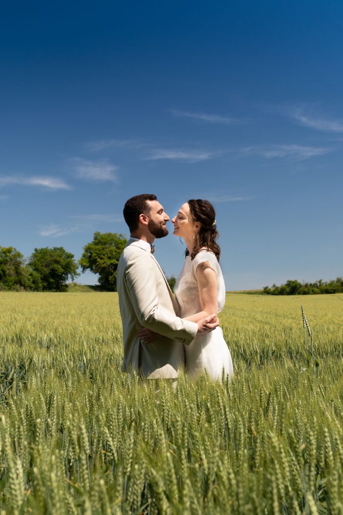 couple de mariés s'embrassant dans un champ de blé vert avec ciel bleu